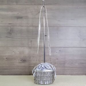 Judith Leiber Silver Canvas Leather Rhinestone Fringe Shoulder Bag